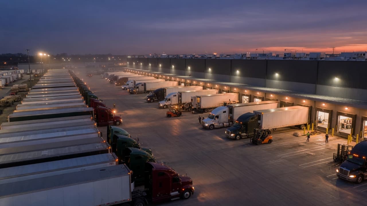 Trucks at loading docks during evening operations